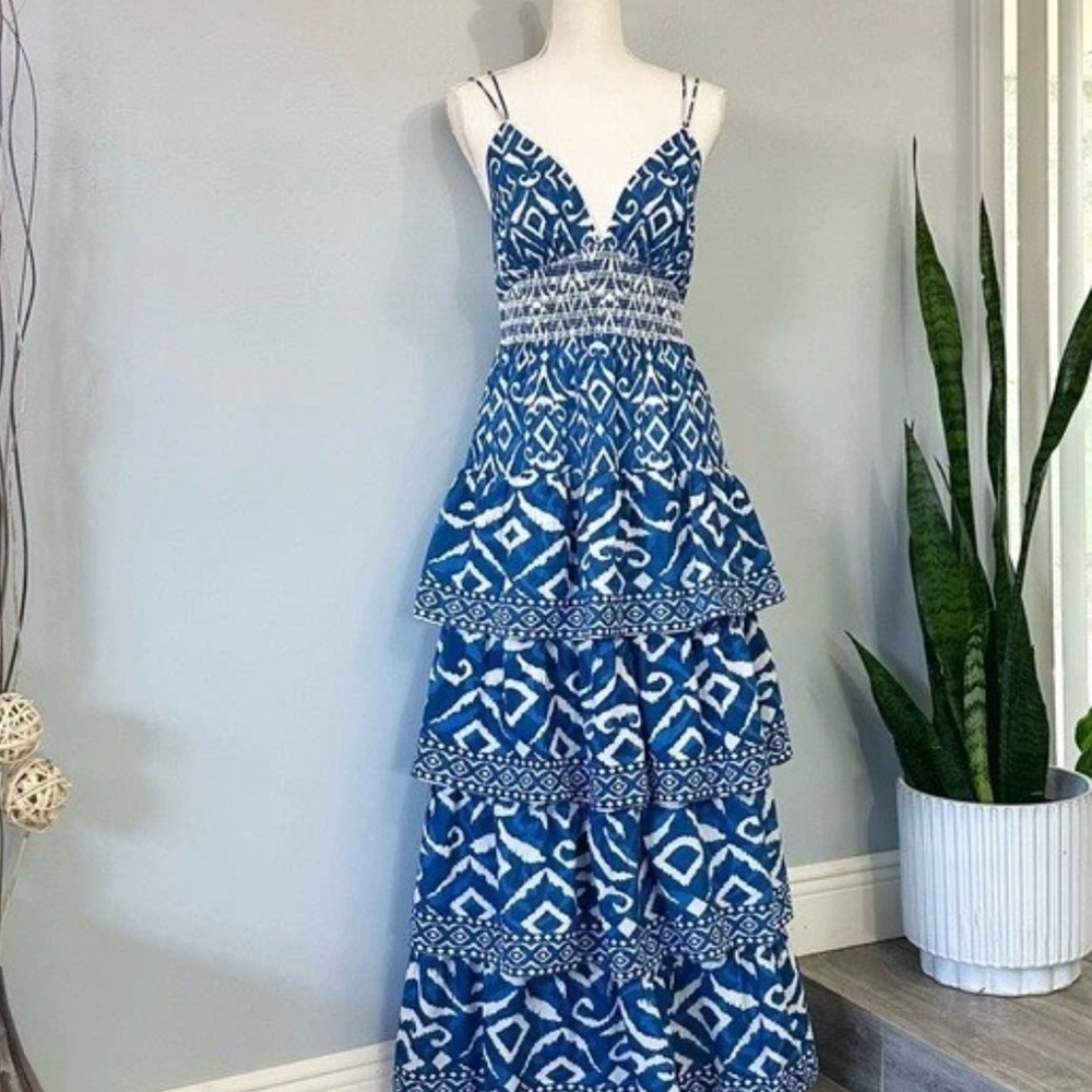 Caroline Constas Tiered Tribal Ruffle Blue Maxi Dress sz S